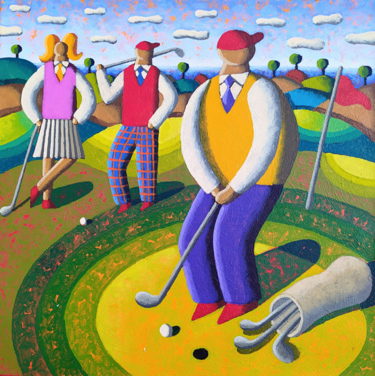 JP Golf with friends 2022 50x50cm Acrylic on canvas Pigment Gallery Galería de Arte en Barcelona Golf with friends