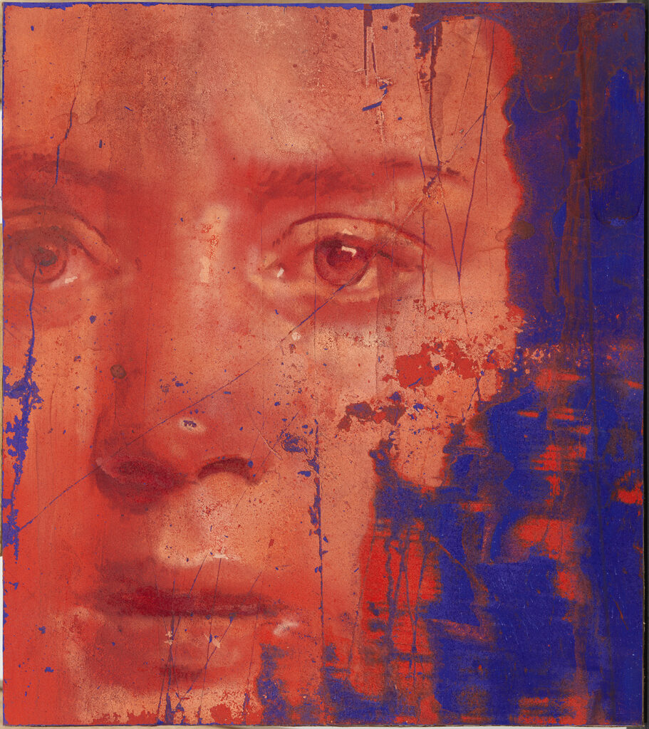 JVQ_Rostro arañado con azules_2022_28,5×23 cm_Acrylic and guash on paper glued on wood_IT