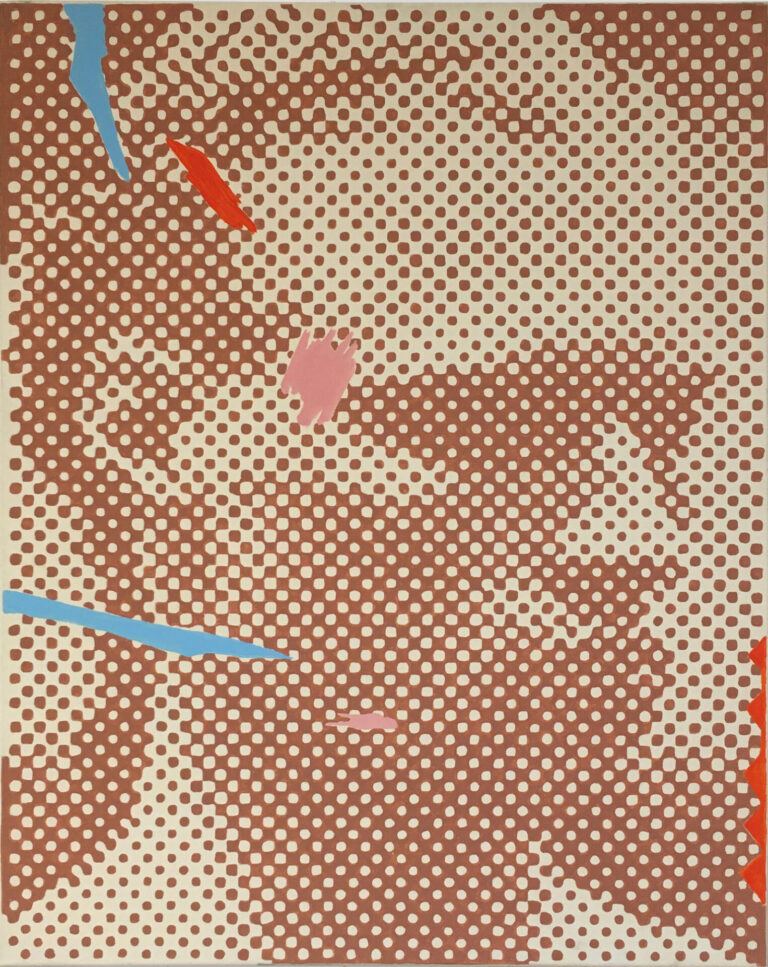 SMJ A woman in a polka dot print dress 2023 92x73 cm Acrylic gesso and vinyl emulsion on linen Cut Pigment Gallery Galería de Arte en Barcelona Collections